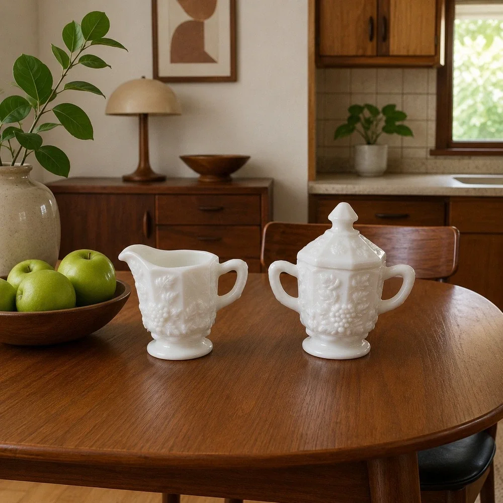 Vintage Westmoreland White Milk Glass‎ Harvest Grape Creamer Sugar Bowl Set 2pc